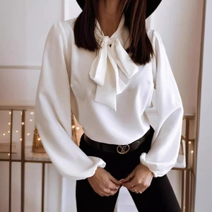 Elegant white long sleeve silk blouse with decorative bow tie neck for women office wear