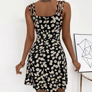 Sexy black sleeveless floral summer dress with daisy print and four back straps
