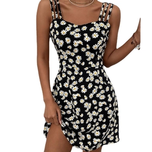 Sexy black summer camisole dress with white daisy print and multi-strap design