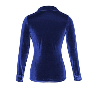 Detail view of the back of a slim fit long sleeve shirt in navy blue velvet fabric