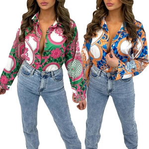 Baroque print long sleeve button-up blouses in green and blue color patterns