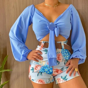 Tenue Femme Col En V Haut Court À Nouer Et Short À Imprimé Botanique Manches Lanternes Vacances D'Été Sexy Quotidien