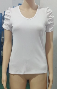 Detail of white V-neck ribbed T-shirt featuring pleated puff sleeves on a mannequin