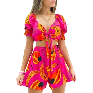Women's summer two-piece set with V-neck puff sleeve top and banana print shorts