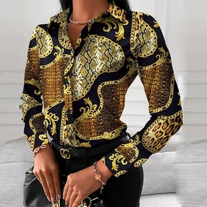 Elegant long sleeve blouse with golden baroque prints and animal textures for women
