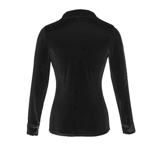 Rear view of black velvet long-sleeve shirt showing slim fit cut and lapel collar details