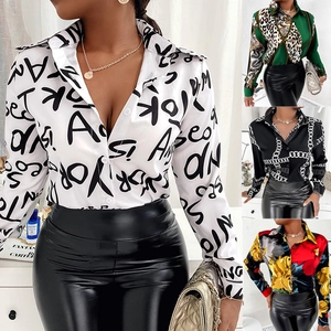 Detail of diverse patterns on long sleeve blouses featuring lapels and button closure