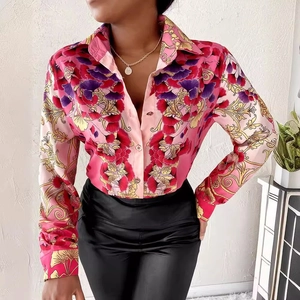 Chemisier Élégant à Manches Longues pour Femmes Vintage Baroque Chaîne Imprimé Boutonné Revers Top Décontracté Ample Aspect Satin Mode