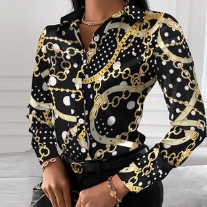 Elegant long sleeve blouse for women featuring gold chain and white polka dot print on black