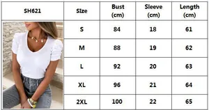 Size chart for V-neck short sleeve ribbed T-shirt with puff sleeves and detailed measurements