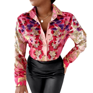 Chemisier femme à manches longues, col à revers et imprimé floral avec motifs dorés