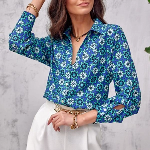 Women's elegant long sleeve floral print shirt with geometric patterns and V-neck collar