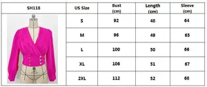 Size chart for V-neck puff sleeve blouse showing bust and length measurements in cm