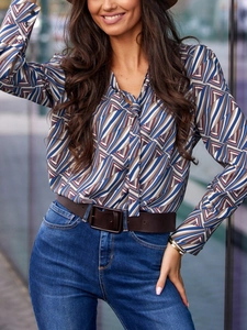 Women Retro Geometric Print Blouse Elegant Tie Neck Pussy Bow Long Sleeve Shirt Loose Casual Pullover Top Office Lady Apparel