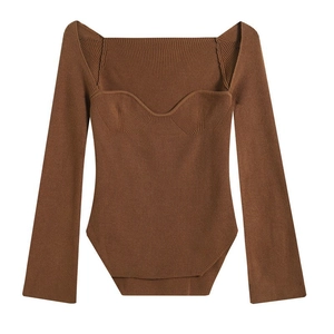 Maglione in Maglia a Coste da Donna Scollo a Cuore Vestibilità Aderente Manica Lunga Orlo Asimmetrico Elegante Pullover in Cotone