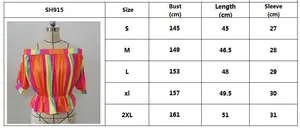 Size guide for off-shoulder striped summer blouse showing measurements from S to 2XL