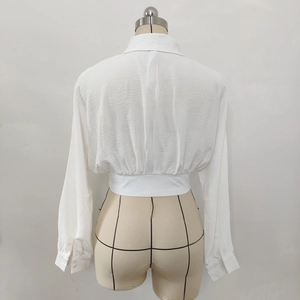 Rear view of white cropped shirt showing pleated chiffon texture and cinched waist design