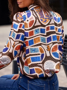 Elegant long sleeve blouse with colorful vintage artistic print and bow neck detail