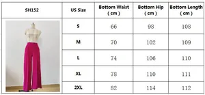 Size chart for high waisted wide leg trousers with waist, hip, and length measurements