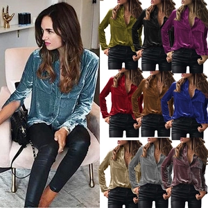 Women's velvet long sleeve shirt with lapel collar and chest pockets in 10 colors