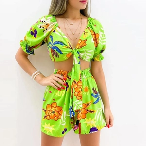 Women Tropical Print Top And Shorts Summer Vacation Outfit V Neck Puff Sleeve Tie Front Crop Top High Waist Shorts