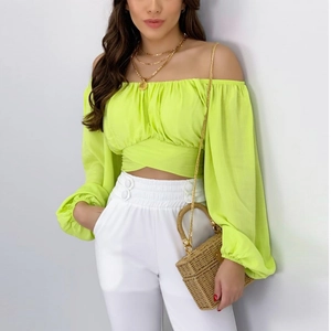 Top Court Sexy à Épaules Dénudées pour Femmes Manches Lanternes Longues Taille Nouée Blouse en Polyester Couleur Unie Fête