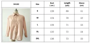 Size chart for women loose long sleeve shirt showing bust length and sleeve measurements