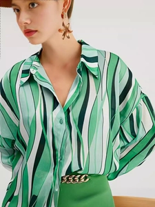 Camicetta Casual da Donna in Satin a Righe Ondulate Manica Lunga con Bottoni Camicia Larga Streetwear Verde Bianco Nero