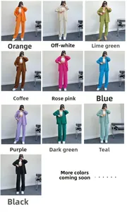 Detailed grid showing women's two-piece shirt and trousers set in 10 different colors