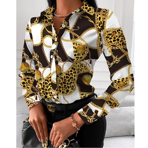 Elegante Damen Barock-Druck Satin Bluse Vintage Leopard Kette Knopfleiste Hemd Langarm Büro Party Mode Bluse Top
