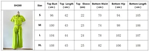 Tableau des tailles détaillé pour ensemble deux pièces femme incluant buste et taille