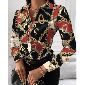 Elegante Damen Langarm-Satinbluse mit Barock-Goldkettendruck und Farblock-Design