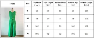 Size chart for women's green two-piece linen set with vest and wide-leg trousers