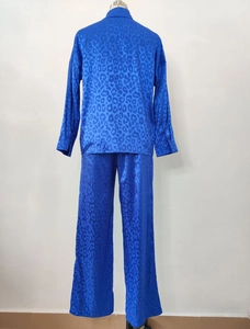 Rear full view of royal blue satin pajama set with leopard jacquard texture