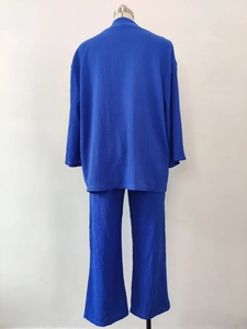 Vista posteriore del set plissé blu scuro con top a maniche lunghe e pantaloni a gamba larga