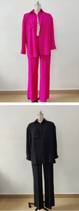 Detail of loose-fit long sleeve button shirt with chest pocket and wide-leg trousers set