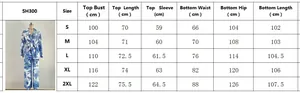 Detailed size chart for women's digital print two-piece set in sizes S to 2XL