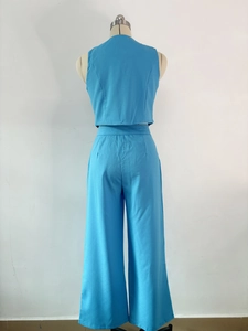 Back view of light blue two-piece set featuring cropped vest and high-waist wide-leg pants