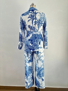 Back view of two-piece Toile de Jouy printed set with long-sleeved shirt and trousers