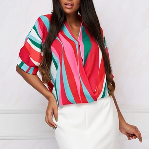 Blouse d'été pour Femmes à Rayures Colorées Col en V Manches Courtes Haut Pull-over Décontracté Ample Chemise Rayée à la Mode