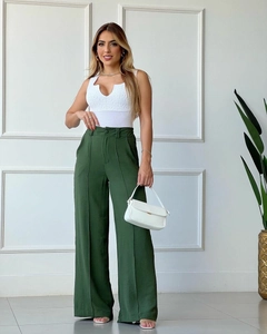 Full view of women's olive green high-waisted wide-leg trousers with elastic waist