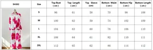 Size chart for floral print long sleeve shirt and pants set with detailed dimensions