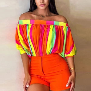 Summer off-shoulder multi-color striped top with high-waisted orange shorts set