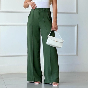 Women's dark green wide-leg trousers with high-waist pleated design and elastic fit