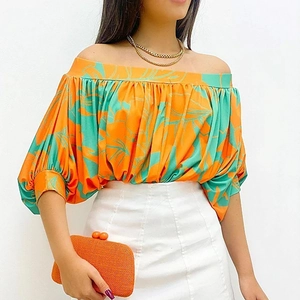 Summer off-the-shoulder top with orange and teal tropical plant print for women