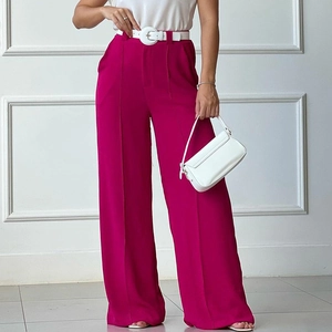 Elegant high-waisted wide-leg trousers in vibrant rose red with pleated front design