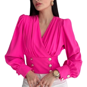 Women's V-neck rose red satin puff sleeve shirt with waist cinching and gold buttons