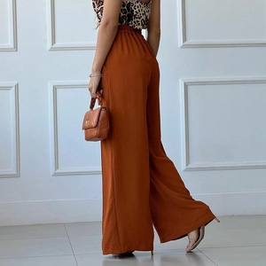 Women high waist wide leg trousers in caramel brown with elastic waist and flowy fabric