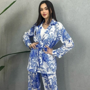 Women Elegant Tropical Palm Printed Shirt And Pants Lace-up Long Sleeve Top Wide Leg Trousers Casual Vacation Outfit