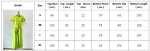 Size chart for women's two-piece summer set with top and wide-leg pants dimensions